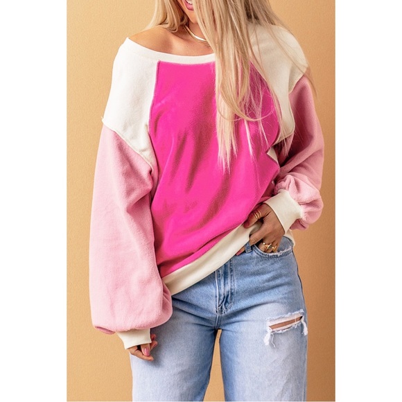 Round Neck Dropped Shoulder Color Block Sweatshirt - Picture 3 of 6